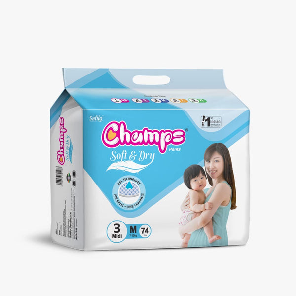 Champs Soft and Dry Baby Diaper Pants 74 Pcs (Medium Size  M74)